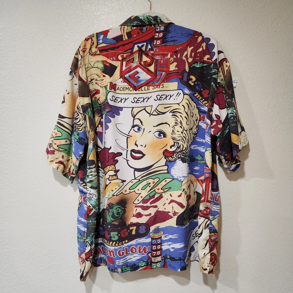 Burma Bibas Shirt Pinball Moon Glow Comic Strip Art 100% Silk size Large